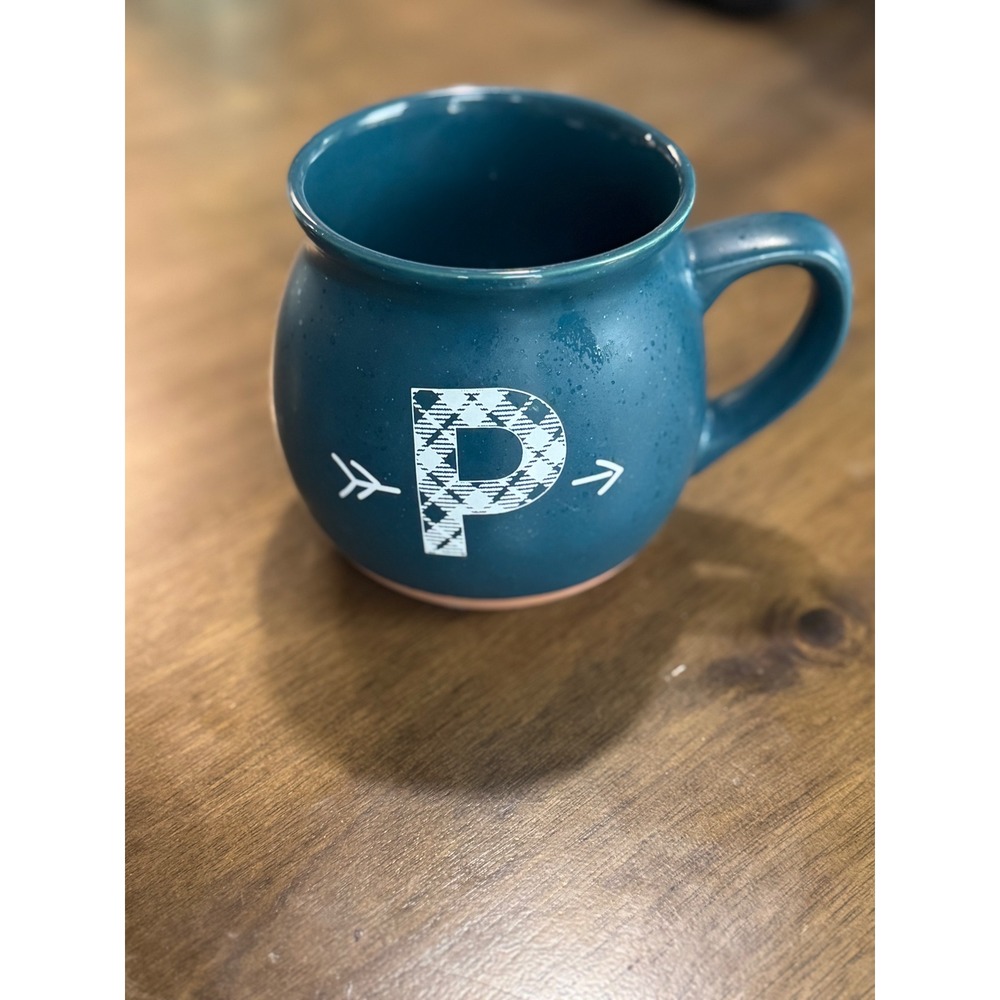 Threshold Teal Blue Stoneware Monogram P Coffee Mug Plaid Letter Arrow Speckled - Picture 4 of 4